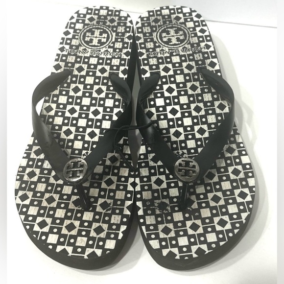 Tory Burch Womens Reva Rubber Flip Flops Black & Gray Logo Womens Wedges - Picture 1 of 11